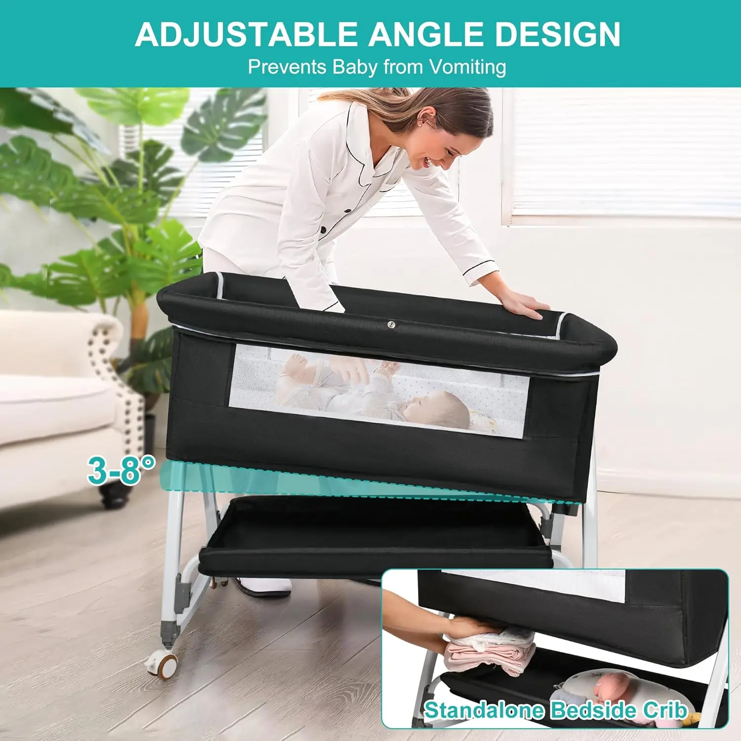 Baby Bassinet Bedside Sleeper, 3 in 1 Rocking Bassinet for Baby, Bassinet Bedside Sleeper with Wheels, Adjustable Height, S
