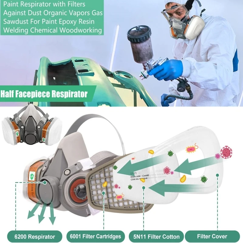 Máscara de Gas y polvo 6200, traje con filtros, respirador Industrial de pulverización de pintura de media cara con gafas protectoras a prueba de niebla, trabajo de seguridad