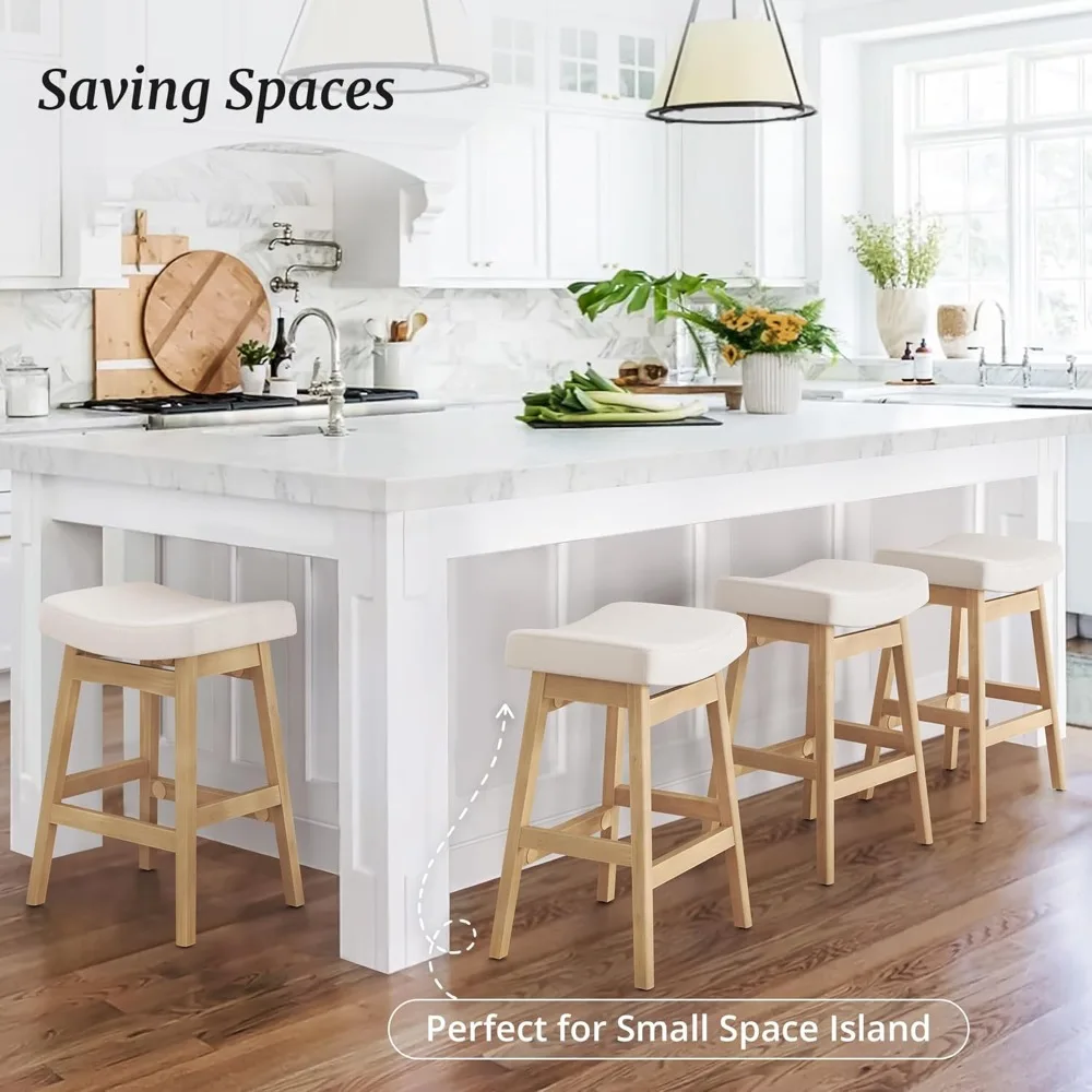 Bar Stools Set of 3, Barstools with Sturdy Wood Legs, Saddle Seat Counter Height Bar Stools 24 Inch Farmhouse Counter Stools