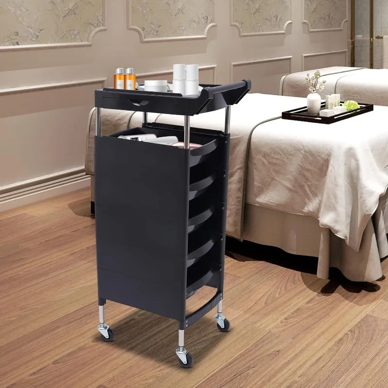 Carrello portaoggetti per parrucchiere Carrello portaoggetti per parrucchiere Carrello portaoggetti per barbiere con ruote rotanti con 5 cassetti 2 supporti per asciugacapelli