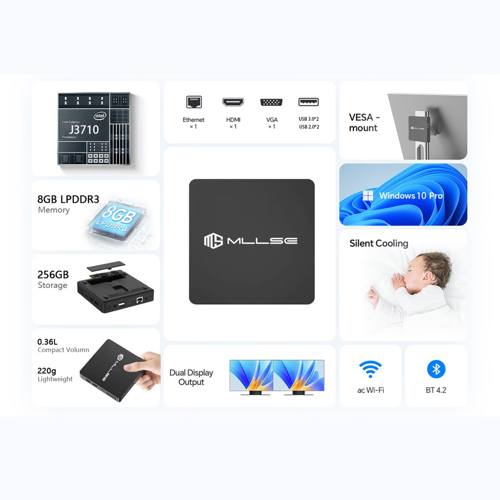 Mini PC MLLSE M2 Pro Potente 8 GB di RAM, SSD da 256 GB, Intel J3710, Windows 10 - Compatto e ideale per casa, lavoro e giochi