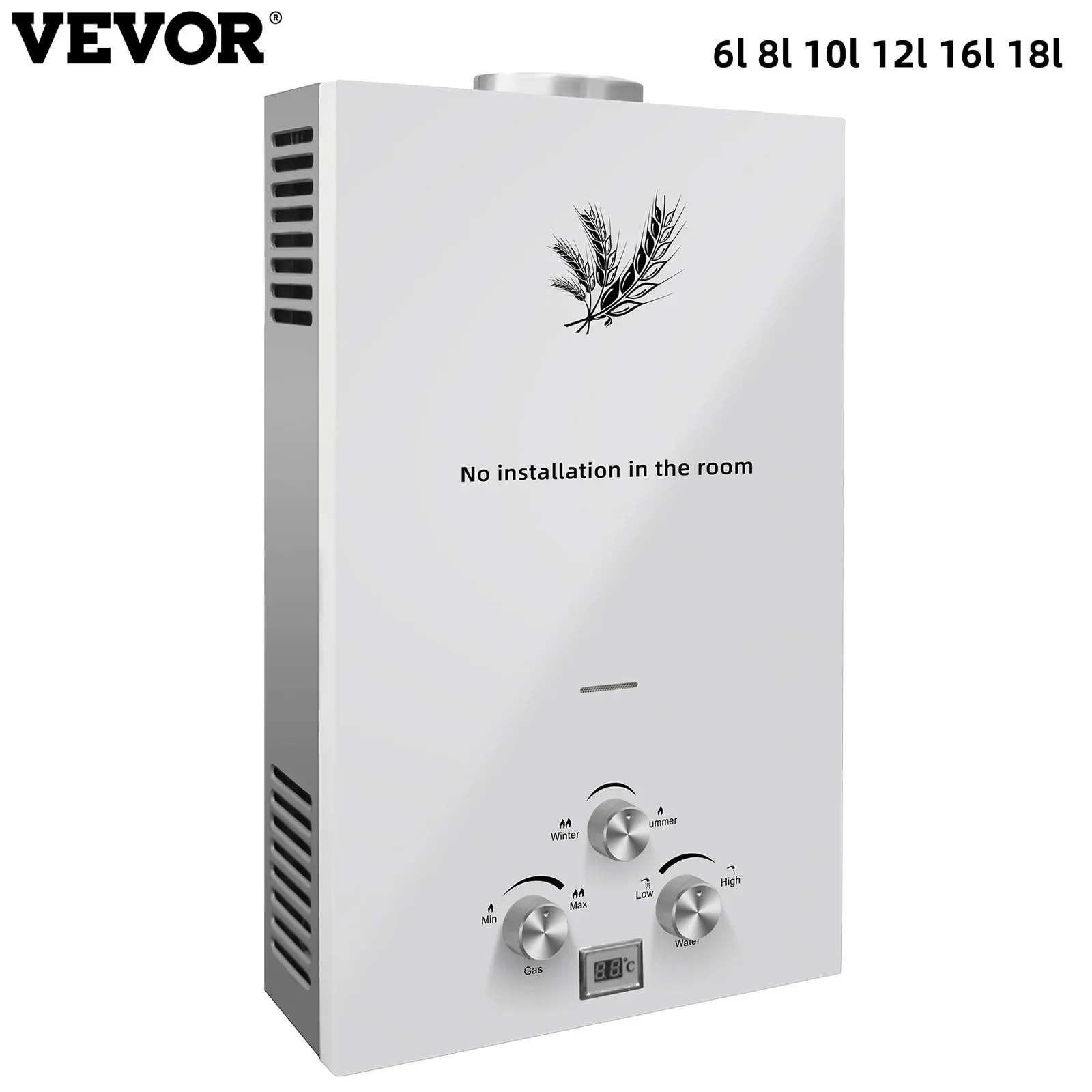 VEVOR 6-18L Bezzbiornikowy podgrzewacz wody na propan ze stali nierdzewnej z wyświetlaczem LED, do kempingu, kampera, pryszniców zewnętrznych, biały