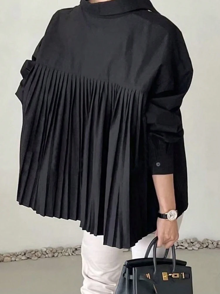 Plus Größe 2025, Frühjahr und Sommer, neue Damen-POLO-Kragen, plissiert, lässig, einreihig, Knopf-Hemdbluse, einfarbig