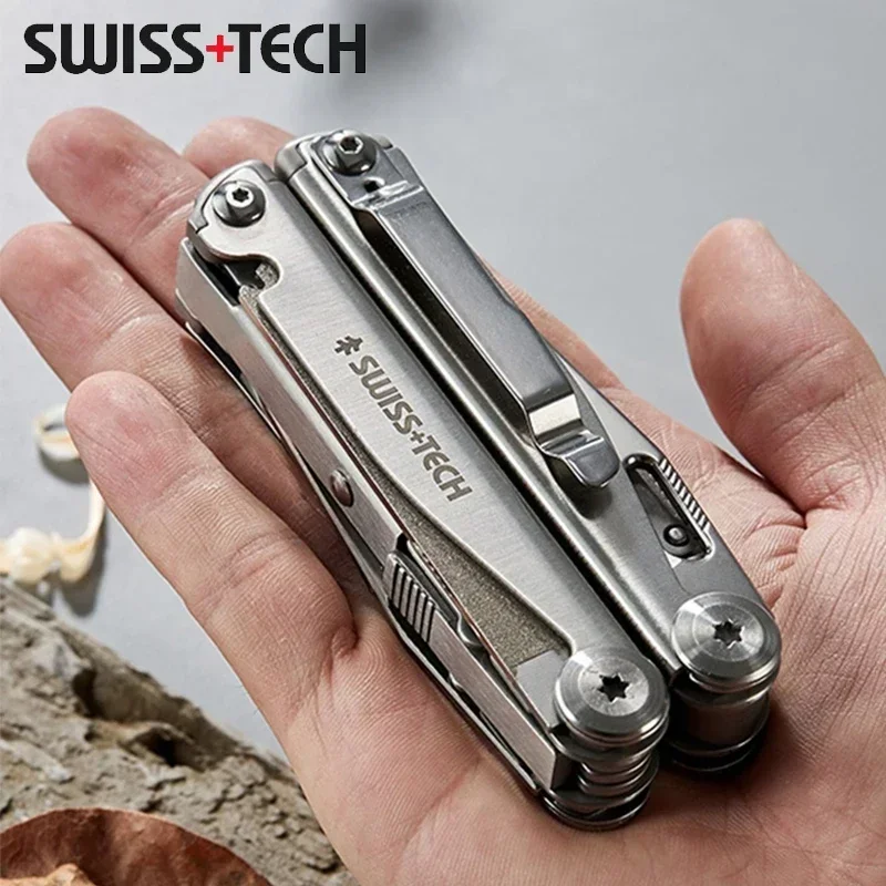 SWISS TECH-Alicates multiherramienta 18 en 1, herramienta combinada multifuncional plegable, cuchillo de bolsillo, equipo portátil EDC para exteriores