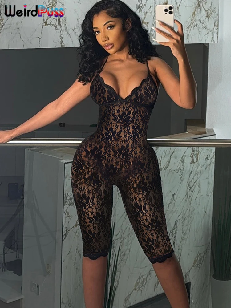 Weird Puss Coquette Strampler Damen Sexy Hipster Mesh Midnight Rückenfrei Ärmellos V-Ausschnitt Sommer Skinny Fitness Stretch Playsuit