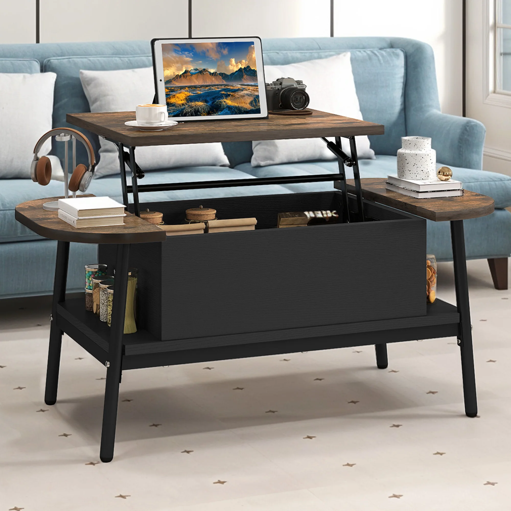 YITAHOME 100 x 50 x 42 cm elliptischer Couchtisch mit Hubplatte – versteckter Stauraum für Wohnzimmer, Heimbüro