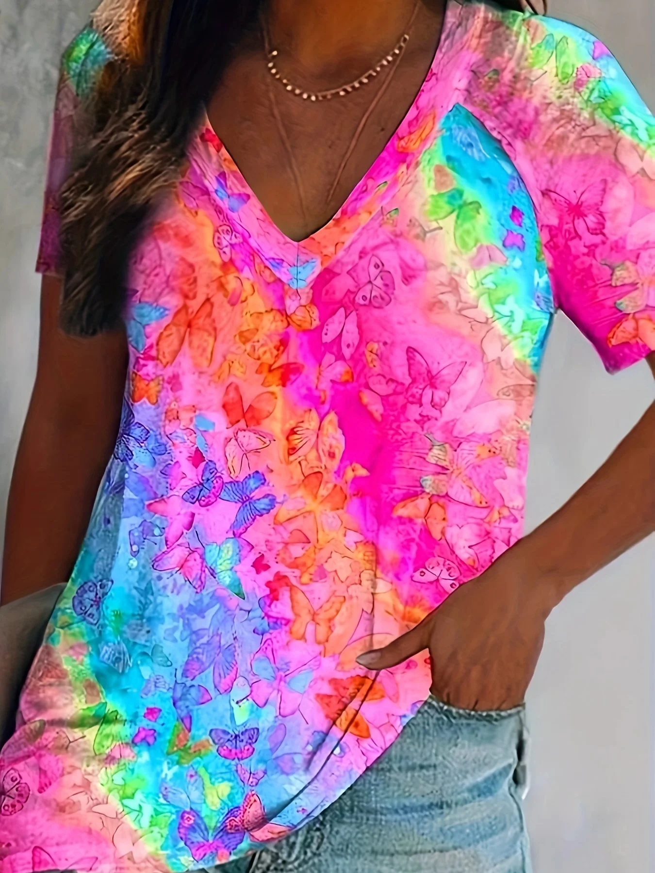 Sommer-Damen-T-Shirt in Übergröße mit buntem Schmetterlingsdruck, Frühling und Sommer, lässiges Damen-T-Shirt, schnell trocknend und atmungsaktiv