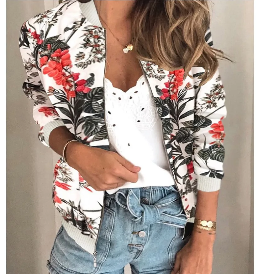 Feminino elegante zíper jaqueta bomber primavera outono floral impresso jaquetas escritório wear fino casaco de escritório retro outwear