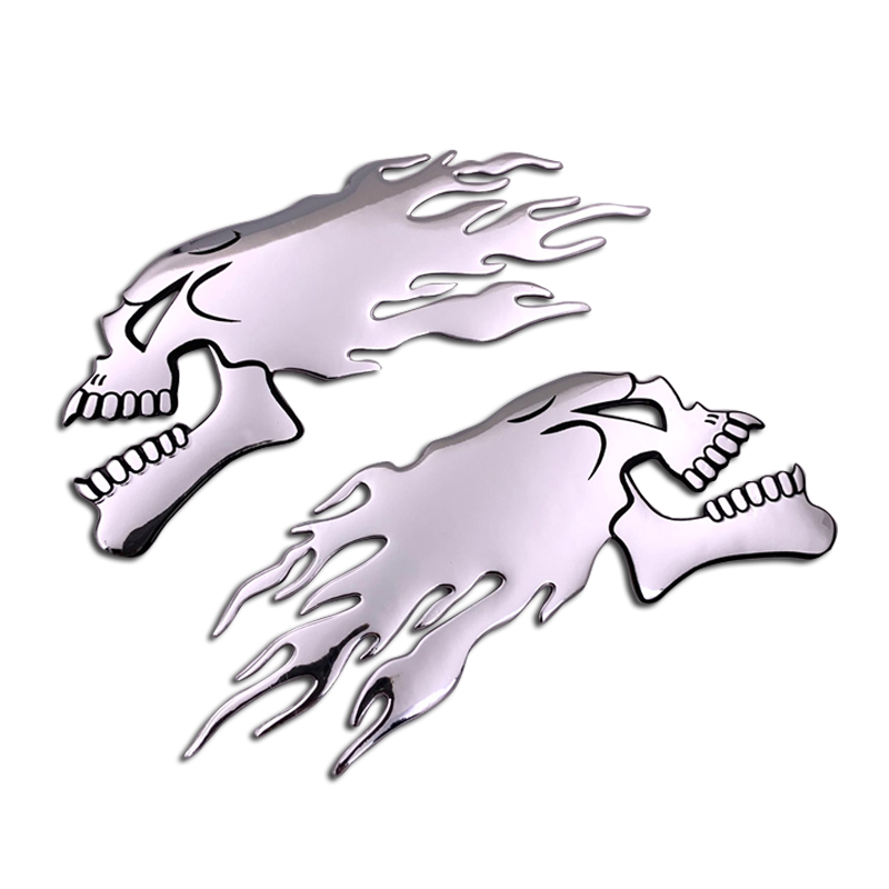 2 peças/Piar prata 3D Fire Ghost Skull Head Auto Hurricane Chrome Plating Adesivos de motocicleta