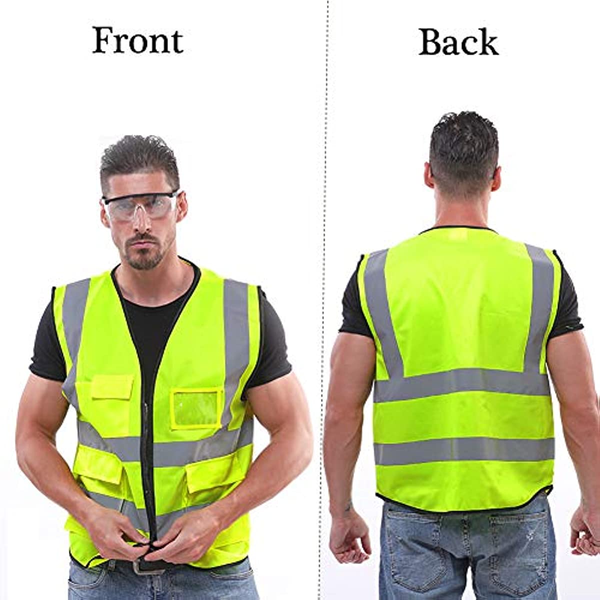 High Visibility Reflective Safety Vest with Pockets and Zipper Front, Neon Yellow, Meets ANSI/ISEA Standards