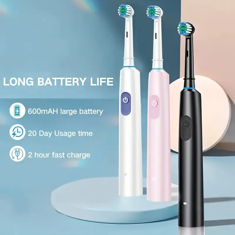 Round Rotating Electric Toothbrush for Adults, Soft Bristles, 5 Cleaning Modes, USB Rechargeable, with 4/8 Replacement Heads