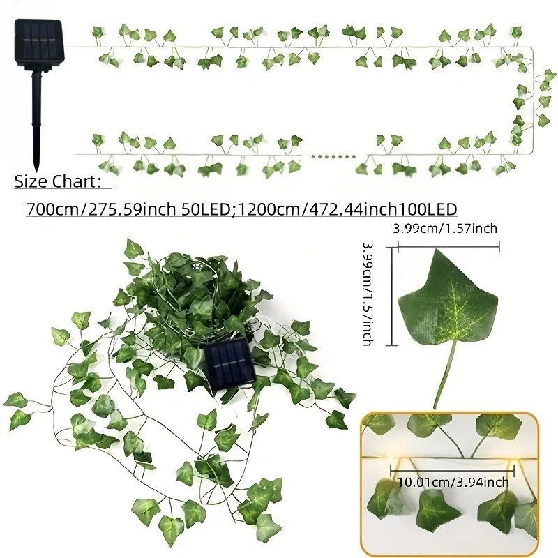 12mSolar Ivy String Lights LED Outdoor Artificial Vine Christmas Garland Fairy String Plant Lamp Maple Leaf Green Rattan String