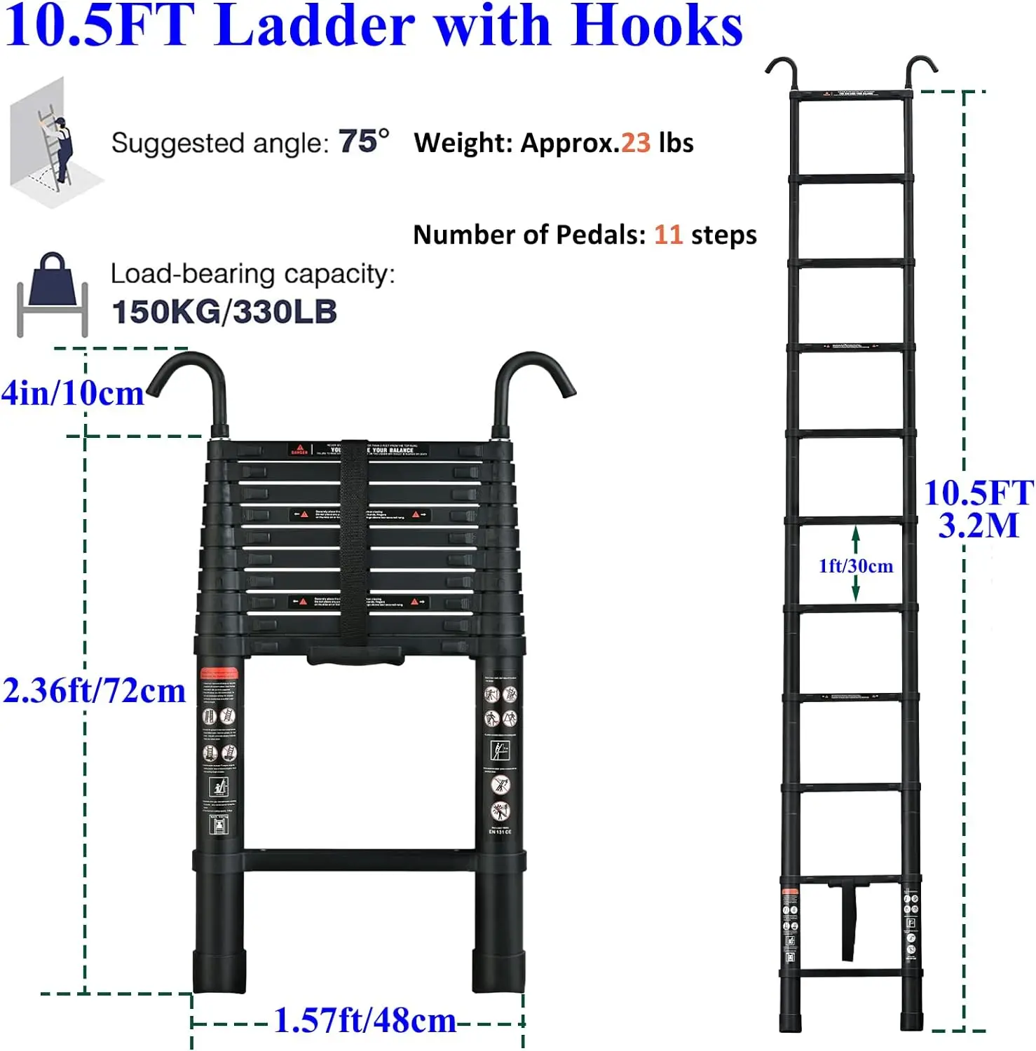 Telescopic Ladder 3.2M Aluminum Telescoping Ladder with Non-Slip Feet,Multi-Purpose Extension Straight Ladder with 2 Hook,150kg