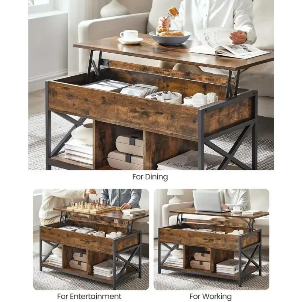 Mesa de centro elevatória, mesa de centro elevatória com prateleira de armazenamento, compartimentos ocultos e tampo elevatório, para sala de estar, escritório