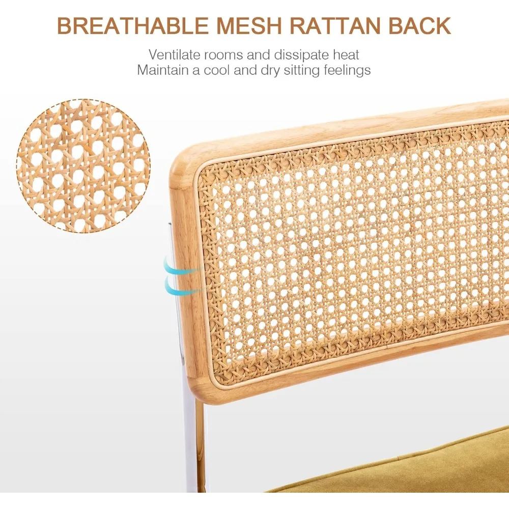 Natural Rattan Bar Stools Set of 2, 26'' Modern Counter Height Stools, Yellow Velvet Counter Height Chairs