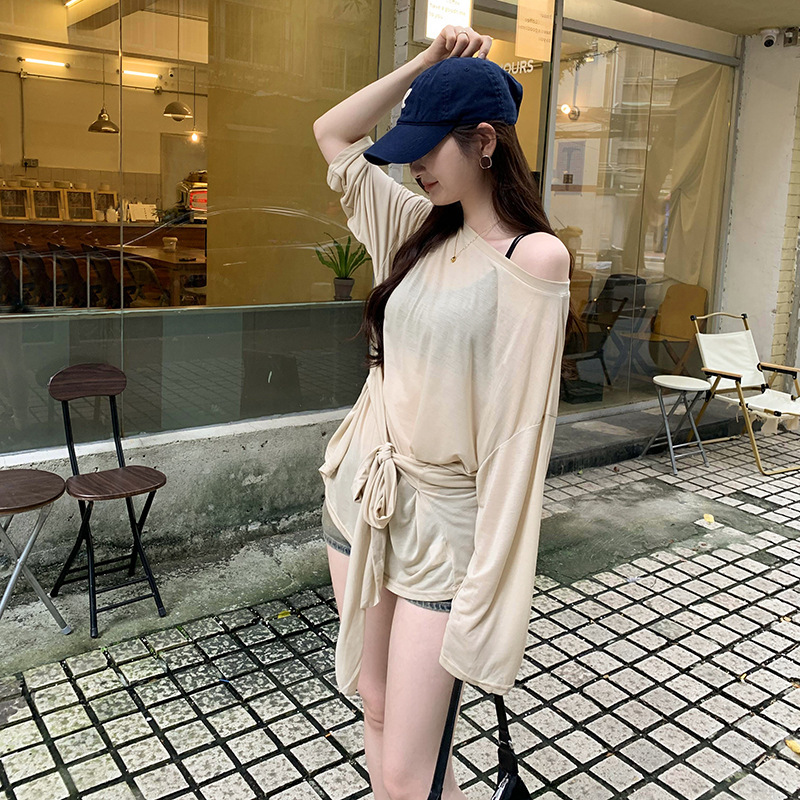 Sexy Thin See Through Long sleeve Oversize T shirt Women Bandage Off shoulder Top Female Basic Long Tees Korean Chic Lady New