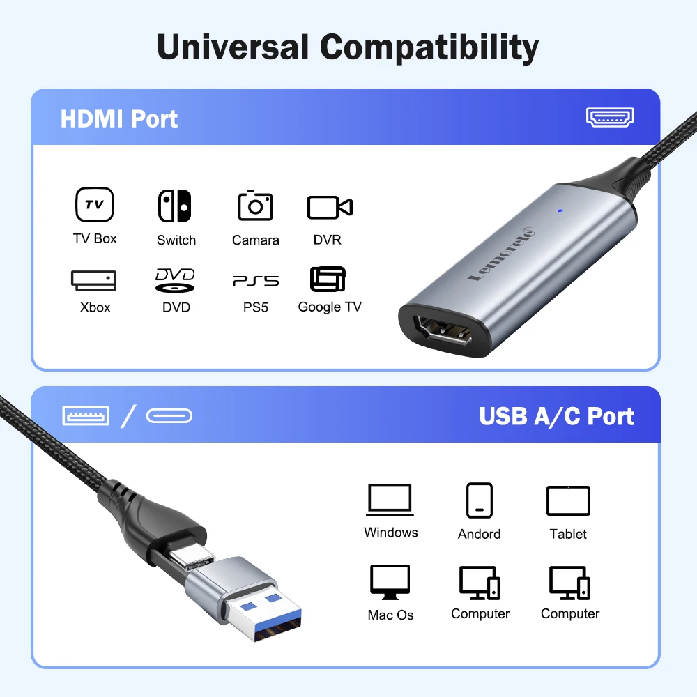 Lemorele USB 2.0 Video Capture Card HDMI-kompatibel zu USB/Typ-c Game Grabber Record ms2130 für Switch Xbox PS4/5 Live Broadcas