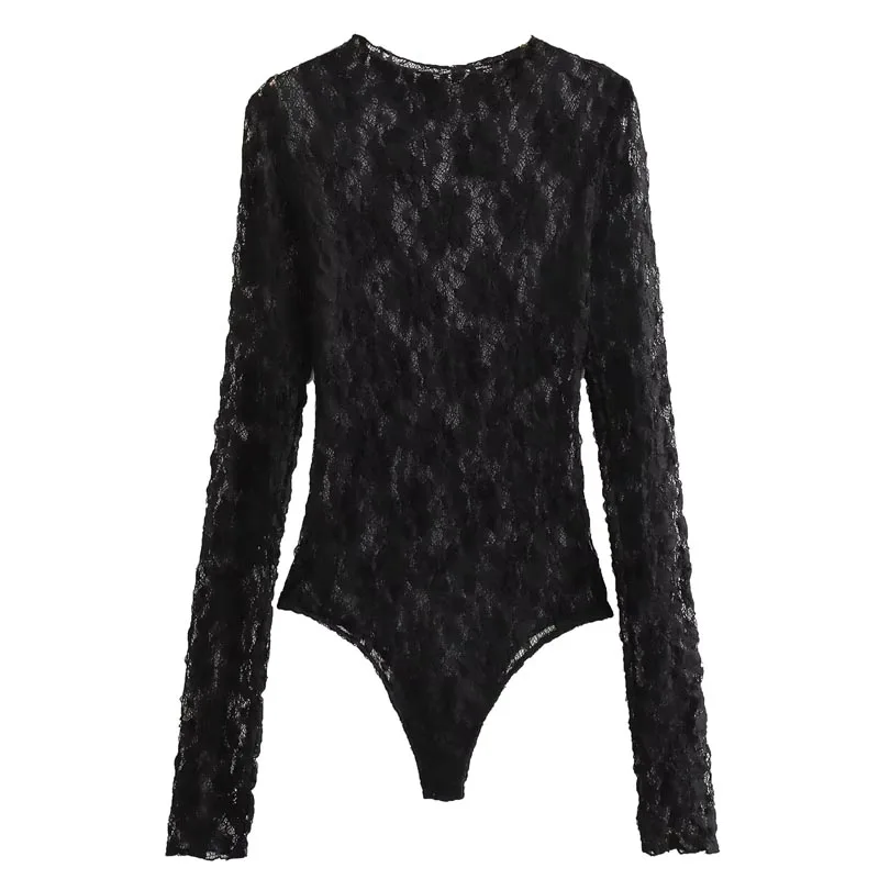 TRAF ลูกไม้ชุดบอดี้สูทผู้หญิงฤดูใบไม้ร่วงสีดํา Cutwork O-คอยาวแขนยาว Spandex เซ็กซี่ชุดชั้นในสําหรับ Fine ผู้หญิง