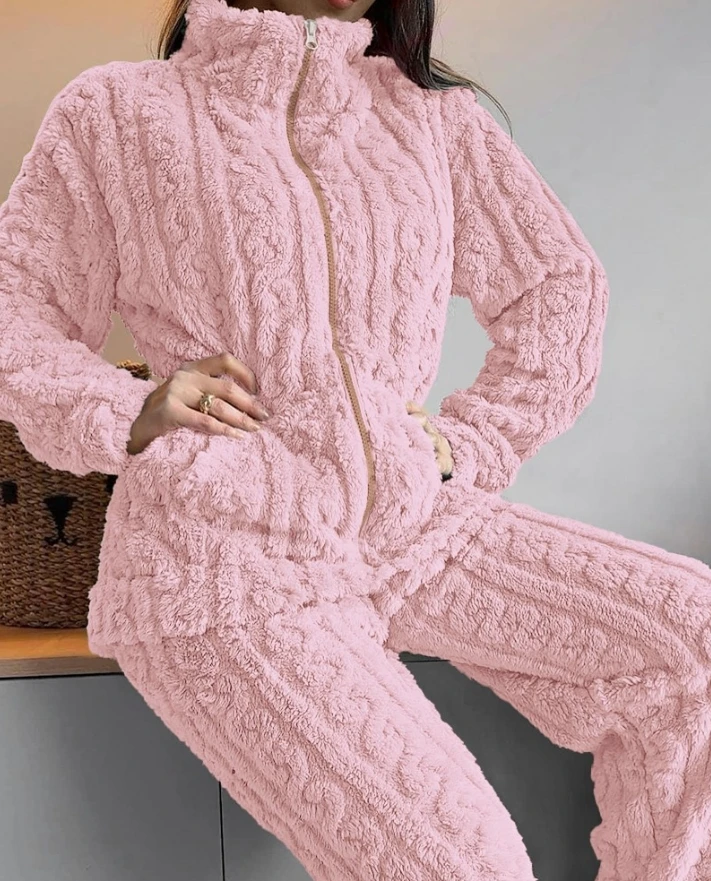 Conjunto de pijama grueso y cálido de 2 uds., conjunto de Top y pantalones de peluche peludos con cuello levantado y textura de Jacquard, ropa de dormir a rayas