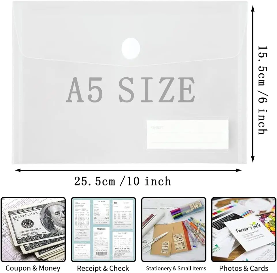 12pcs A5 Large Plastic Clear Envelopes Folder with Hook & Loop Closure 15x25cm Invoice Receipt Cash Organizers with Label Pocket