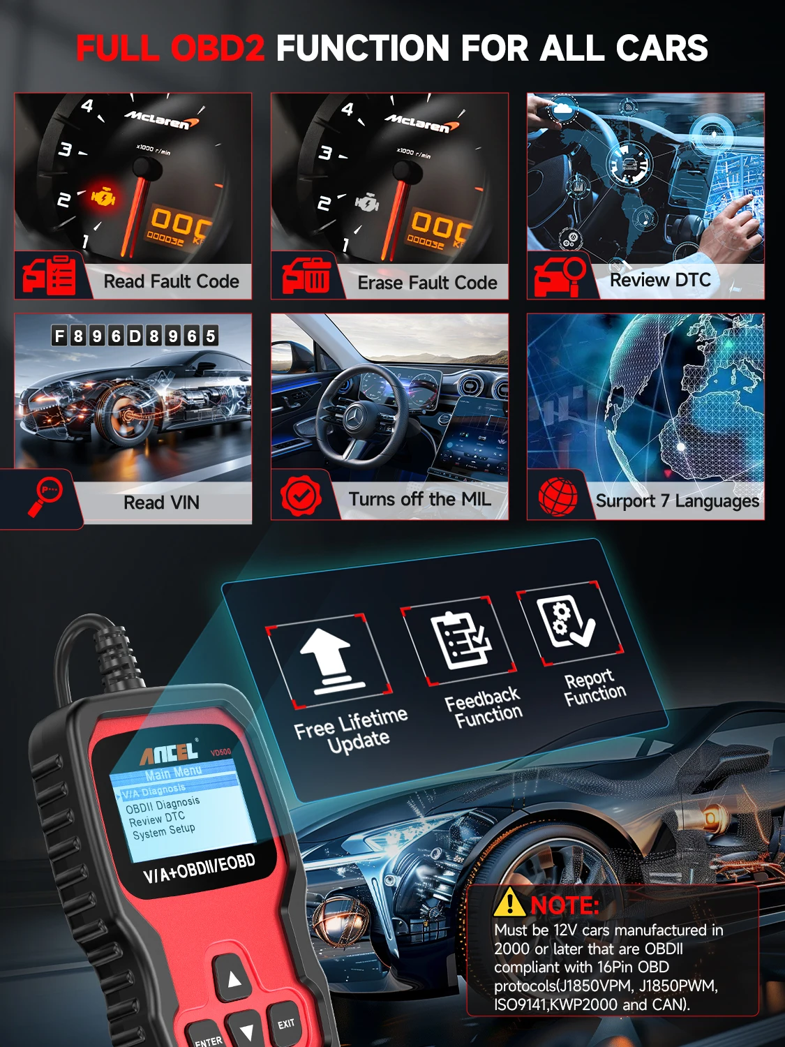 Scanner de Diagnostic ANCEL VD500 OBD II pour v-A-G vérifier le lecteur de Code d'éclairage du moteur huile EPB réinitialiser l'accélérateur Scanner automobile OBD2