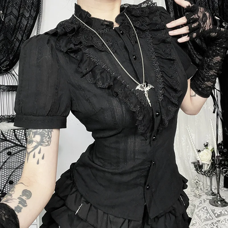 Camisas de algodón Sweet Lolita para mujer, blusas de manga corta de Jacquard blancas y negras góticas Vintage, Tops elegantes de oficina para mujer Y2k