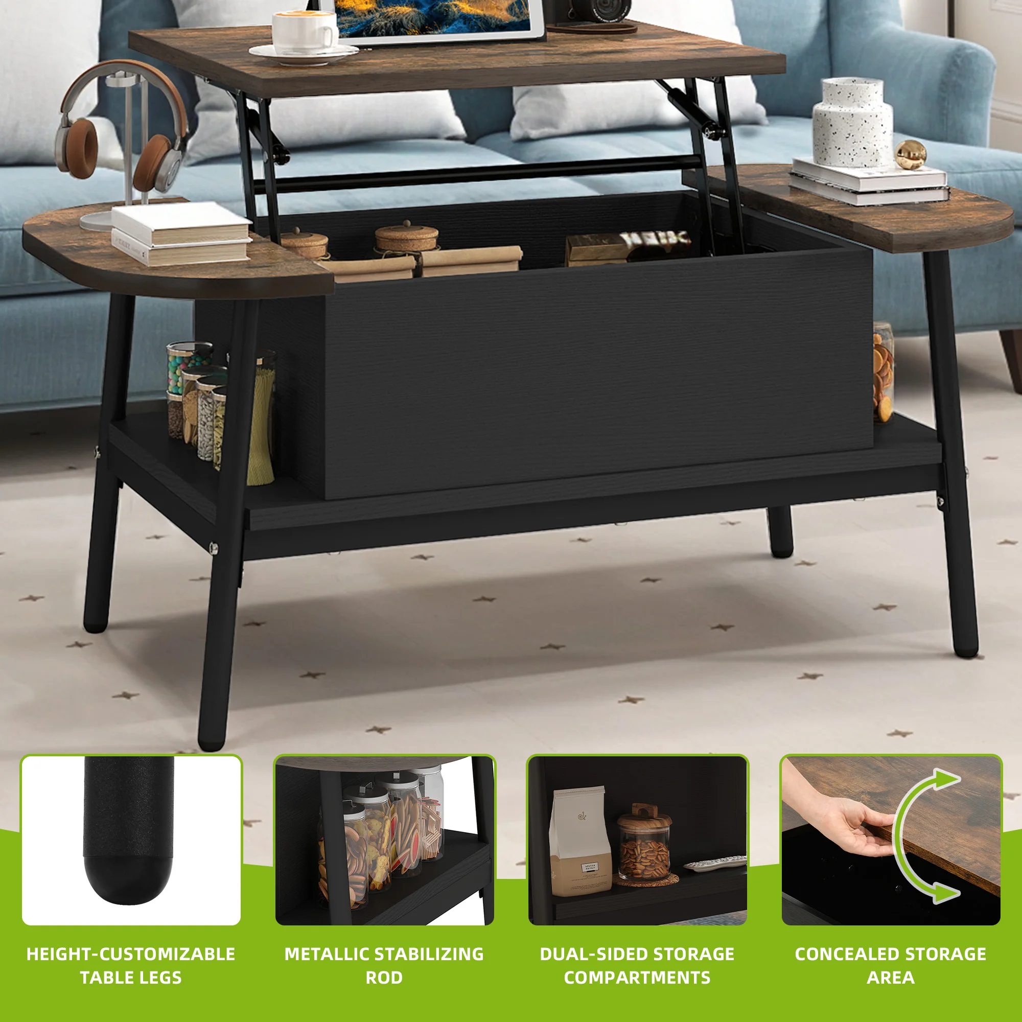 YITAHOME 100 x 50 x 42 cm elliptischer Couchtisch mit Hubplatte – versteckter Stauraum für Wohnzimmer, Heimbüro