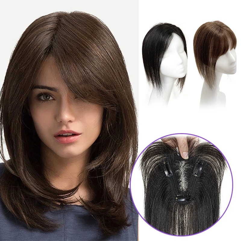 25cm 9x10cm rede de cabelo cabelo humano peças de renda suíça clipe na extensão do topper do cabelo com franja preto marrom escuro peruca superior peça