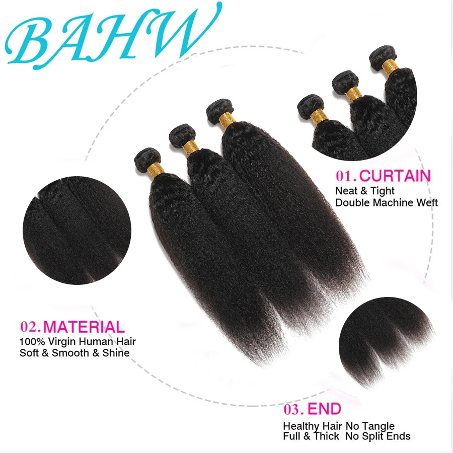 BAHW Brasil Kinky Tóc Thẳng Lưng Yaki Tóc Thẳng Lưng 12A Cấp Yaki Tóc Phần Mở Rộng 1/3/4 Viên tóc Dệt