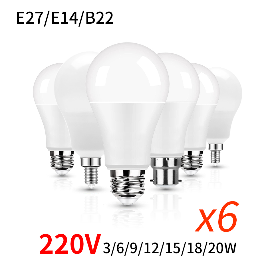 6 stks/partij E27 E14 B22 LED 220 V 3 W 6 W 9 W 12 W 15 W 18 W 20 W Led Lamp Koud Wit Led Verlichting Voor Woonkamer Gebruik