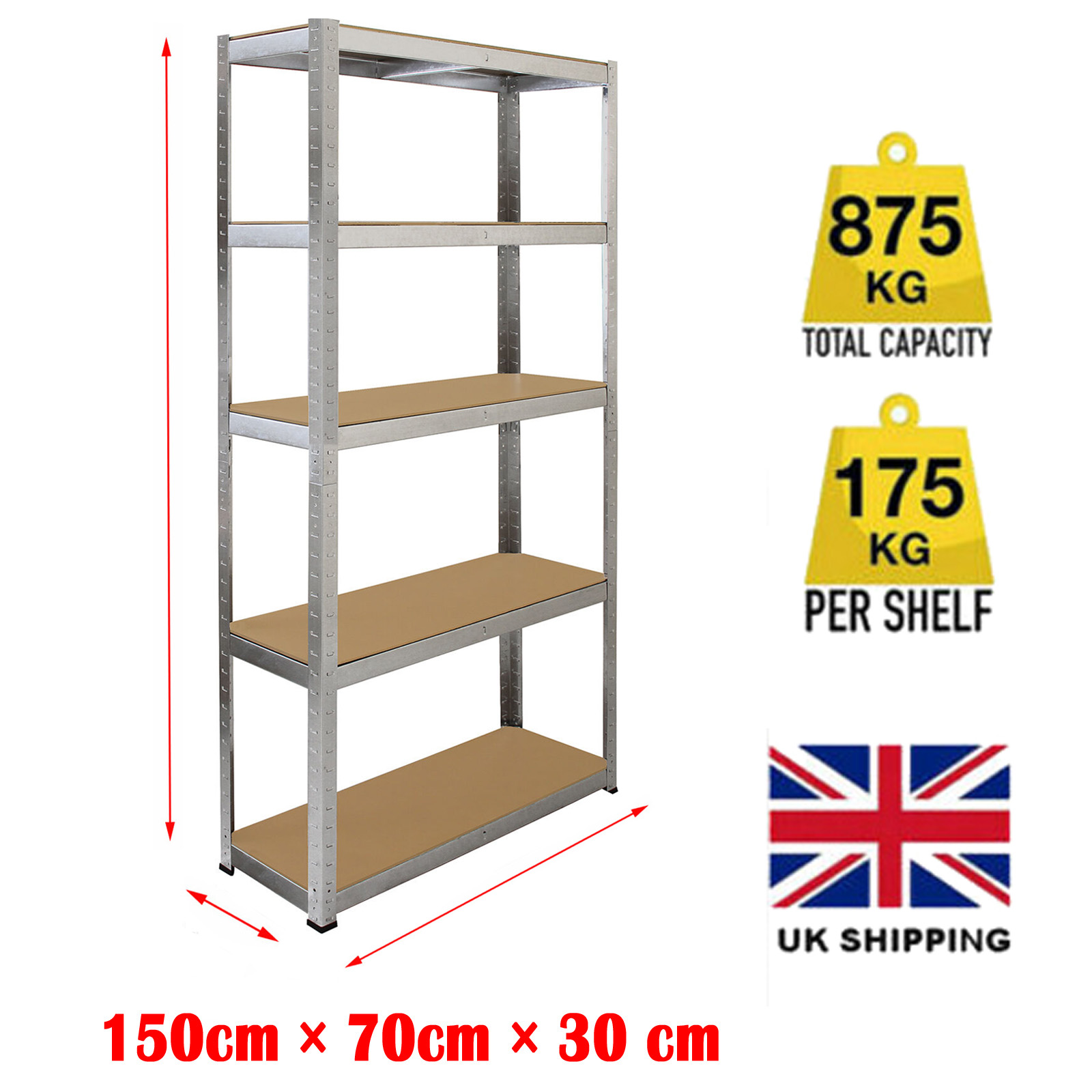 5 Tier Metel Garage Shelf Unit 150x70x30cm, Heavy Duty, Boltless Design, for Warehouse Workshop Office, 875kg Total Capacity