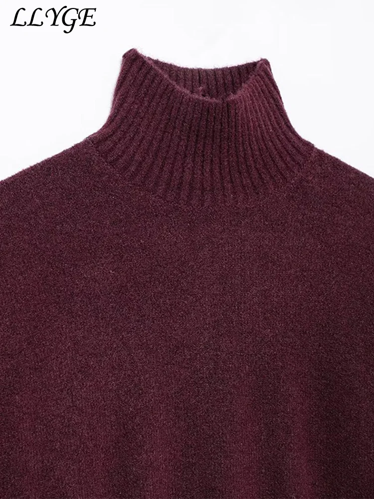 Suéter Vintage de cuello alto color Burdeos para mujer, Jersey grueso informal de manga larga para mujer, prendas de punto cómodas que combinan con todo para invierno 2024