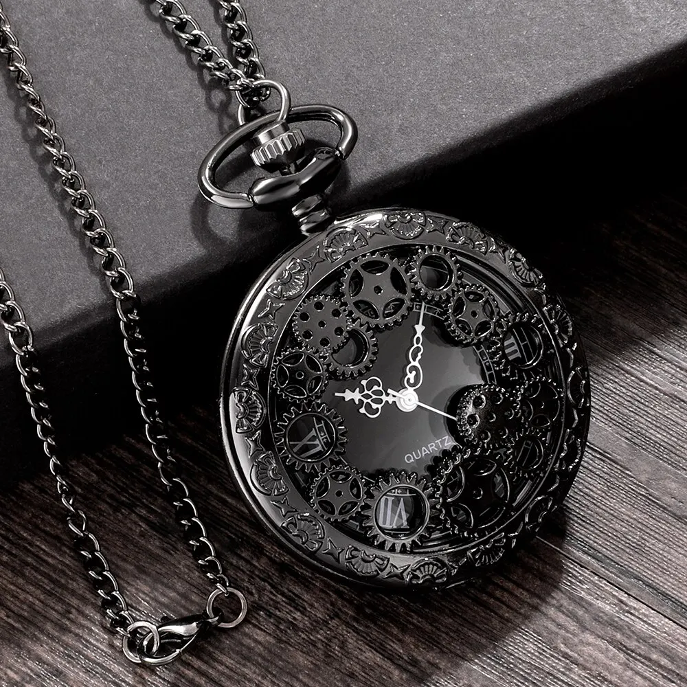 Steampunk Copper Vintage Hollow Gear Oco Quartz Pocket Watch Colar Pingente Relógio Cadeia Homens Mulheres com Corrente Presentes