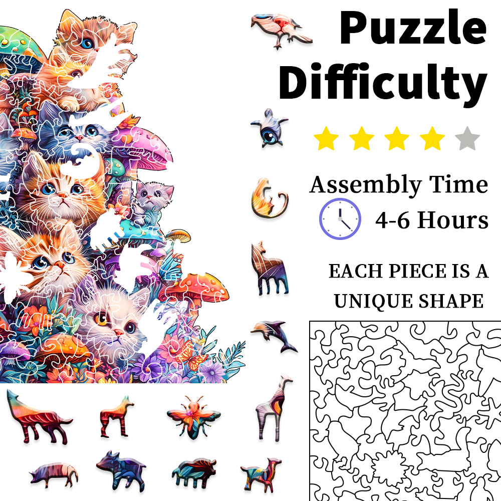 Adult wooden puzzle - Cute mushroom cat animal pattern - Unique irregular shape - Gift for puzzle enthusiasts and friends