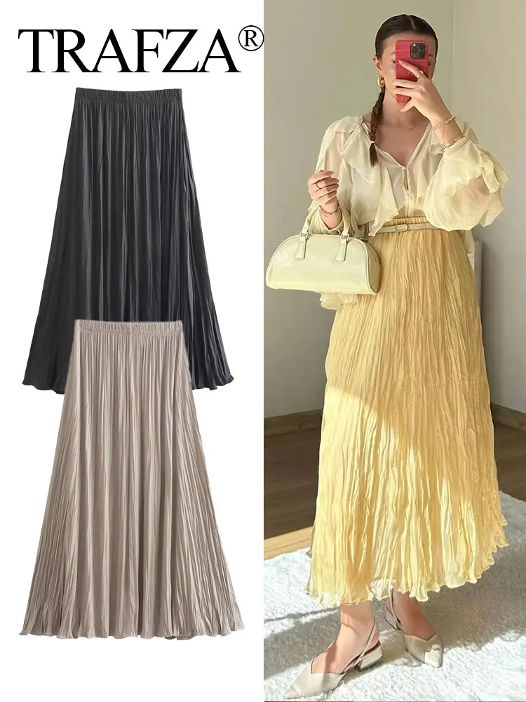 TRAFZA, moda femenina, faldas plisadas de verano, elegantes, largas, versátiles, Color sólido, pliegues, cintura elástica, faldas holgadas informales para mujer