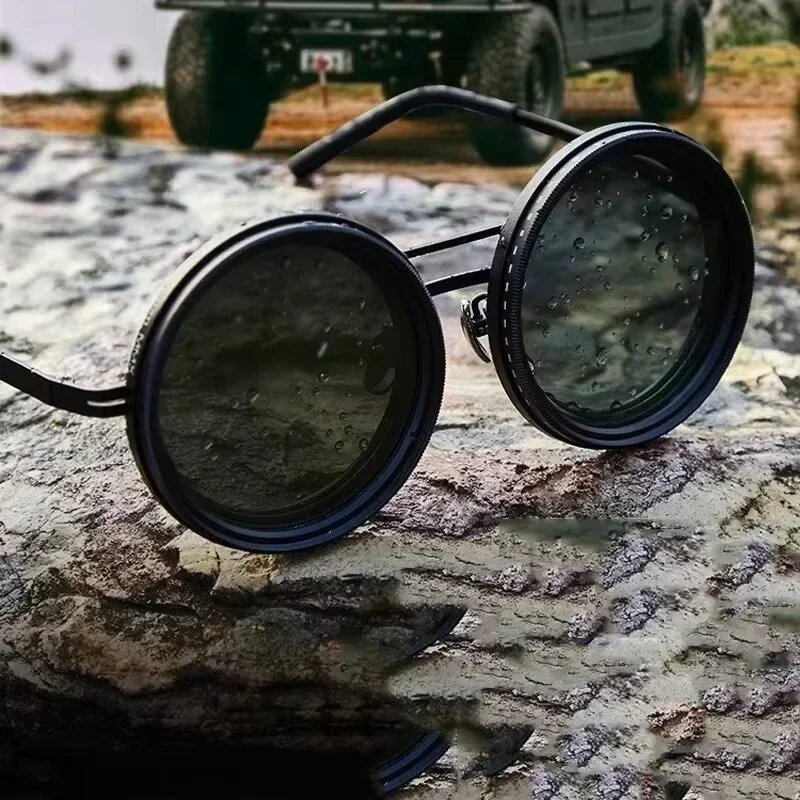 Gafas de sol con atenuación ajustable ND9 hechas a mano, gafas de sol de conducción polarizadas UV400 para pesca al aire libre para hombre, redondas Retro Punk para mujer