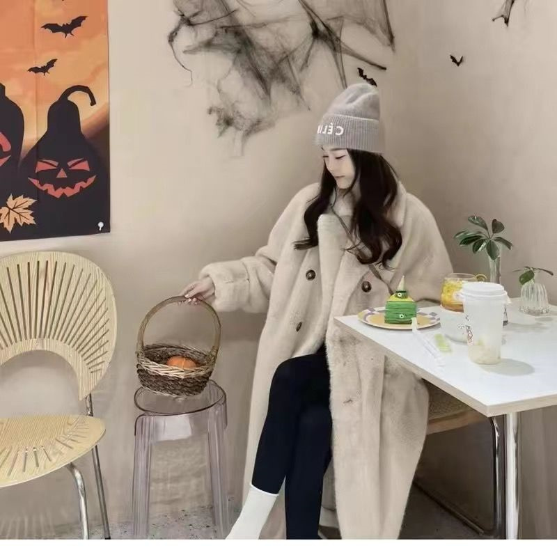 女性用の長くて厚い毛皮のコート,模造ミンクの髪,ゆったりとした暖かいカーディガン,冬,新しい,1ピース,2024