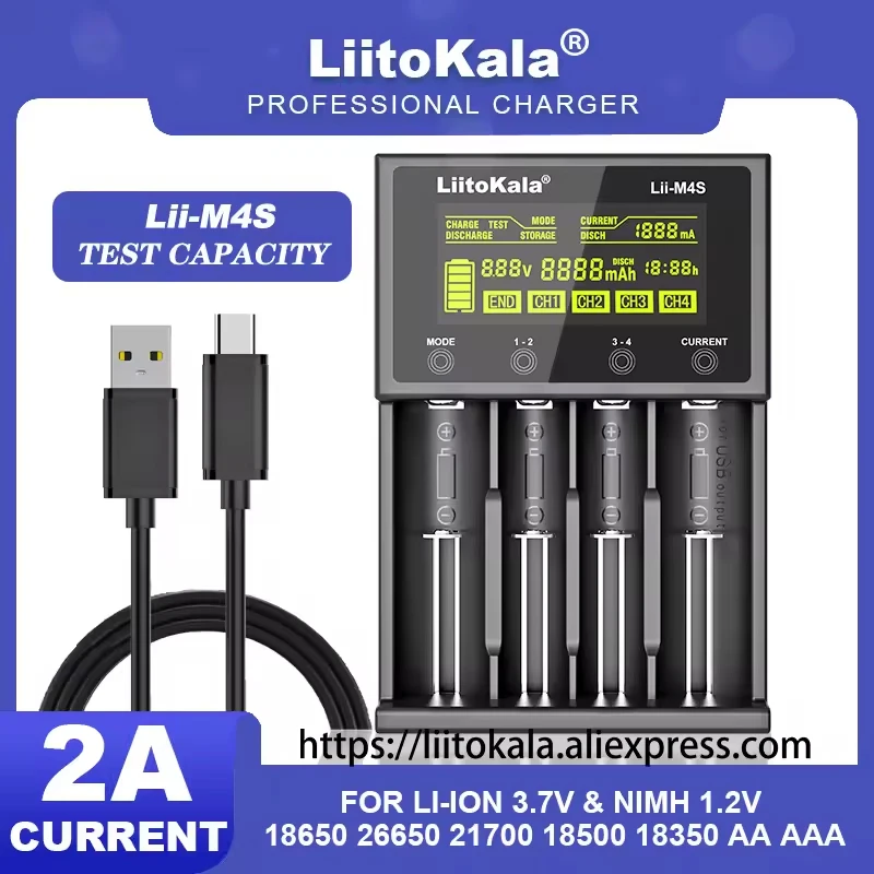 LiitoKala Lii-M4 M4S 18650 จอแสดงผล LCD Smart Charger ทดสอบความจุเหมาะสําหรับ 3.7V 26650 18350 21700 18500 1.2V AA AAA 4 ช่อง