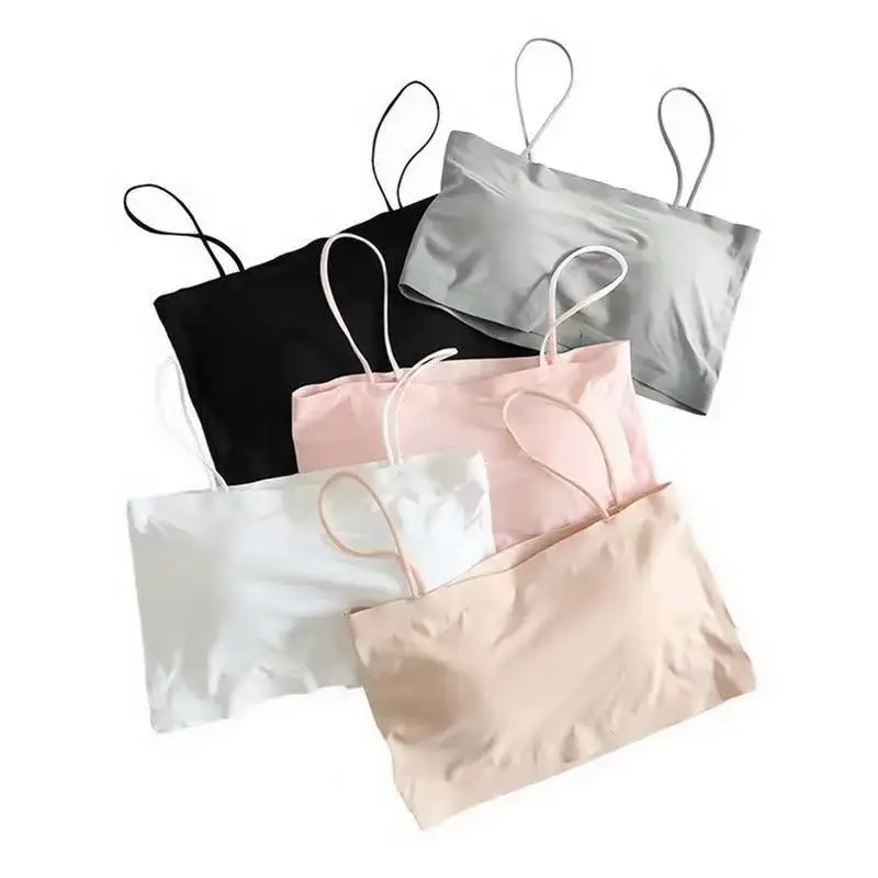 Bralette feminino sem costura – regata acolchoada sem fio, alças finas, colete de sutiã elástico macio sem costas