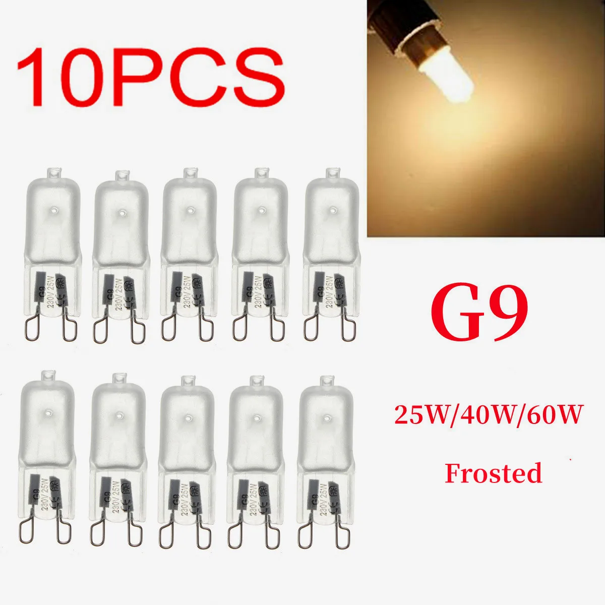 10pcs G9 AC 200-240V 25W 40W 60W Portable Warm Light Halogen Bulb Light Lamp 2700K Globe Capsule Clear Bulbs	2 Pin Base