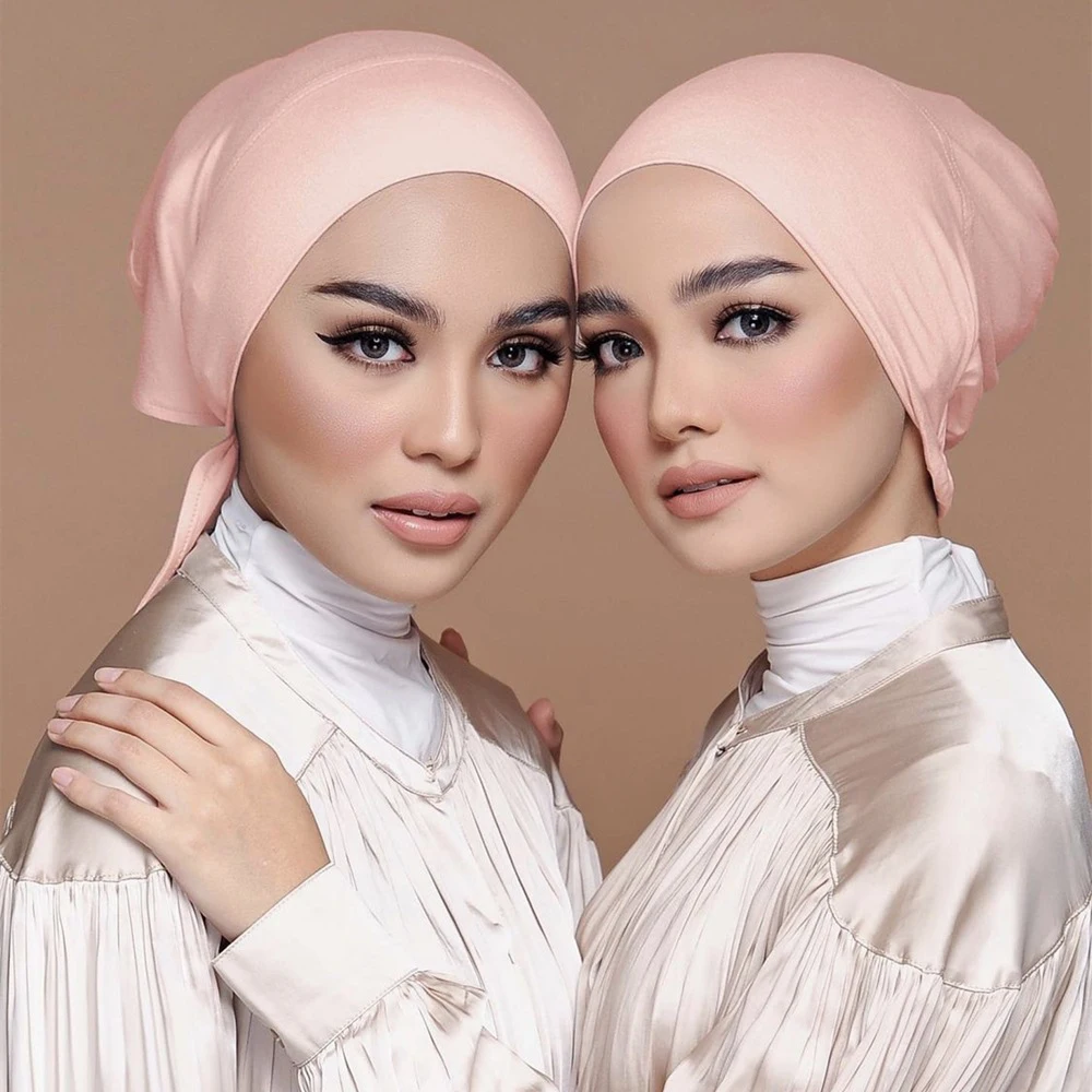 Boné hijab de cetim modal islam undercap com gravata hijabs instantâneos para mulheres simples turbante muçulmano lenço bandana