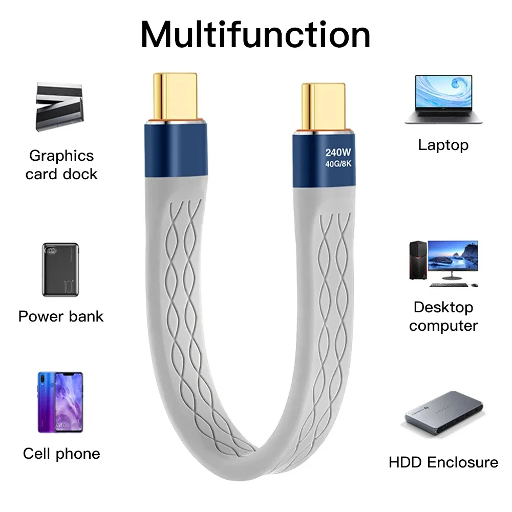 NNBILI 240 W 40 GB kurzes USB-C-auf-USB-C-Kabel, schnelles Aufladen, Typ-C-Kabel, 40 Gbit/s Datenübertragung, 8K flaches Datenlade-Verlängerungskabel