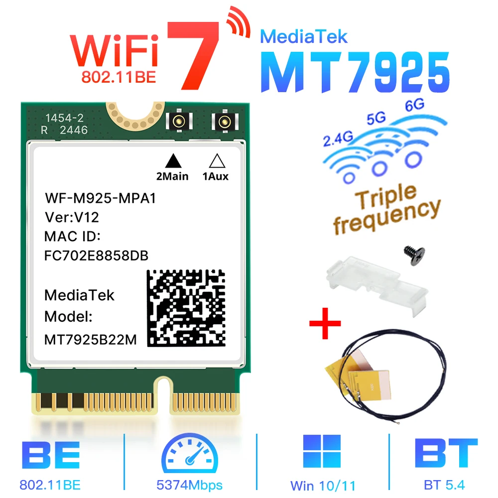 Сетевая карта Wi-Fi 7 MT7925 Bluetooth 5.4 M.2 NGFF Беспроводной адаптер 5400 Мбит/с Трехдиапазонная карта 2,4G 5G 6 ГГц Wi-Fi7 Lan Card для Win 10/11