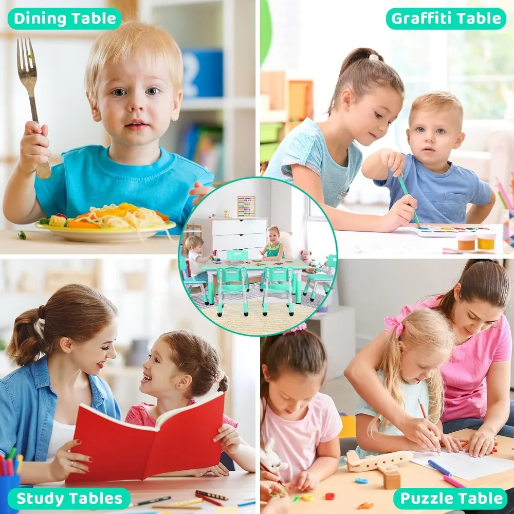 Kids Table and 6 Chairs Set, Height Adjustable Graffiti Table, Preschool Activity Art Craft Table, for Daycare Classroom