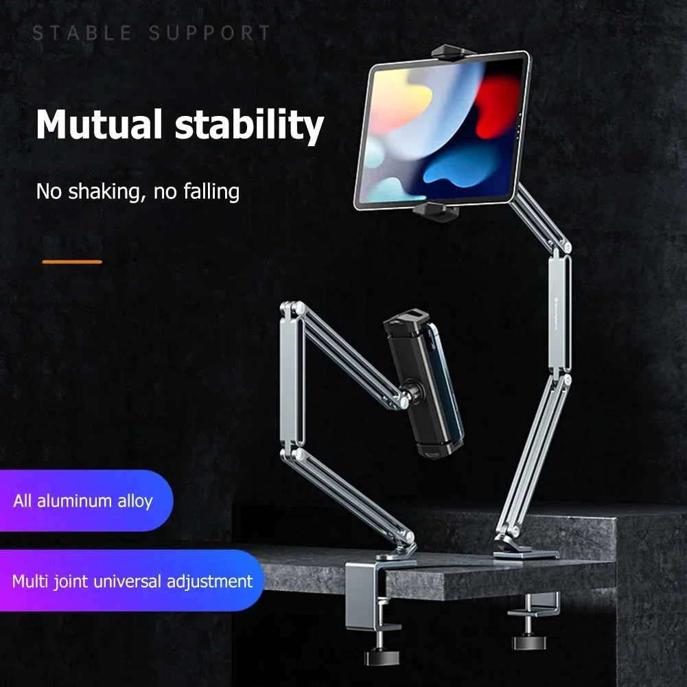 Flexible Long Arm Clamp Stand, Lazy Clip Bracket for iPad, Samsung, Tablet, Phone Holder, Desk, Universal, 4-13in