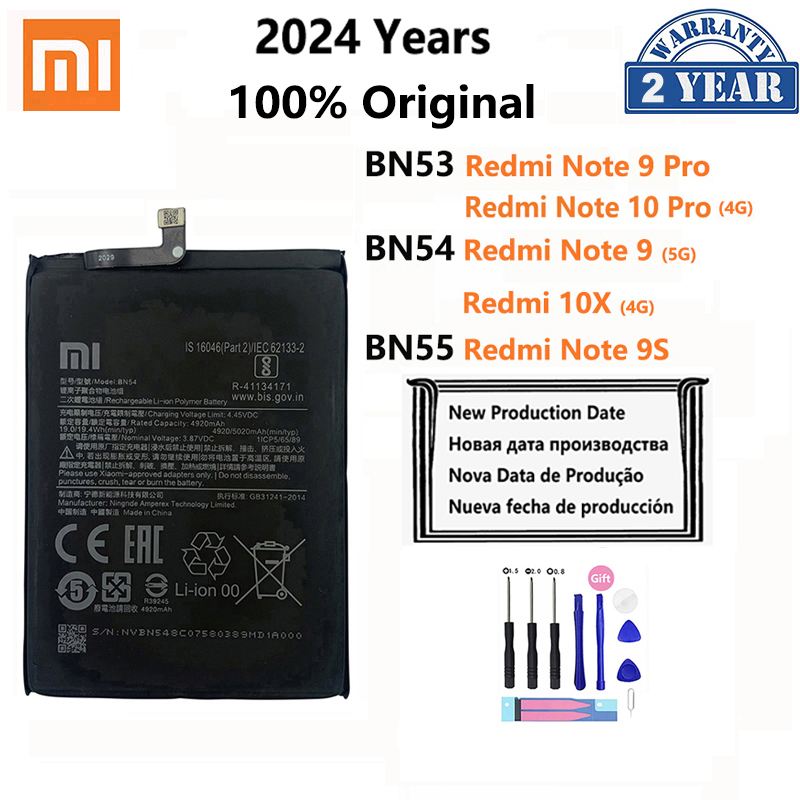 100% Original Xiao Mi BN53 BN54 BN55  Phone Battery For Xiaomi Redmi note 9 10 Pro 9S 10X 4G 5G Replacement Batteries Bateria