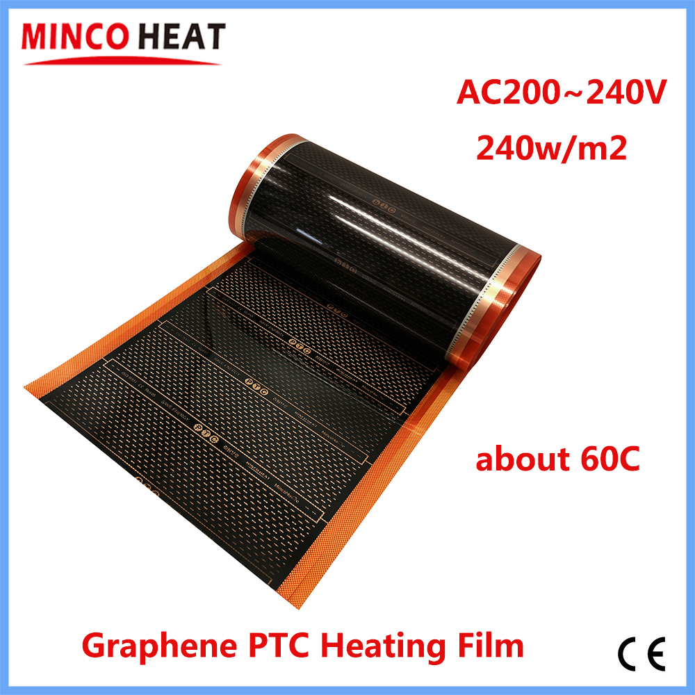 Minco calor 240w/m2 novo filme de aquecimento de grafeno ptc infravermelho ac200 ~ 240v cerca de 60c tapete de aquecimento de piso quente