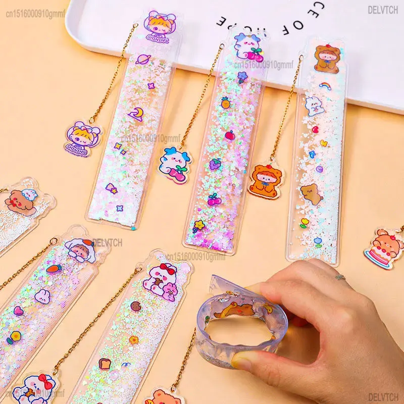 Multifunctional Oil Quicksand Sequin 15cm Measuring Straight Scale Ruler Soft Bookmark With Pendant Student Drawing Stationery