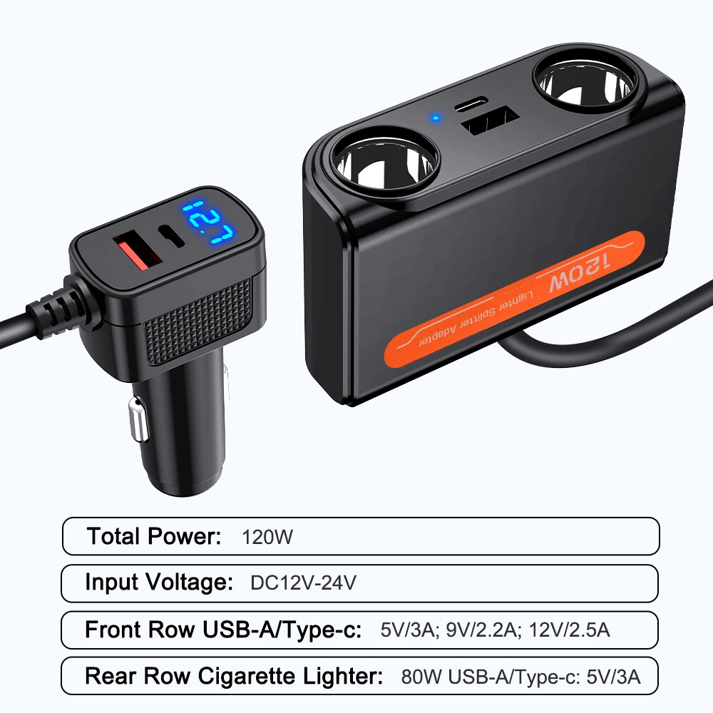 7-in-1-Autoladegerät-Adapter PD USB-Buchse Zigarettenanzünder Splitter Schnellladung mit LED-Voltmeter DC-Steckdose Autozubehör