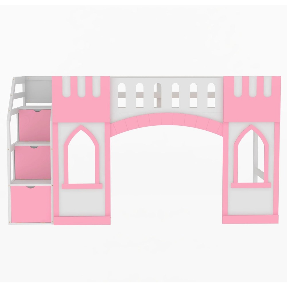 Harper & Bright Designs Twin Size Loft Bed with Storage Staircase and Window, Wood Playhouse Bed Frame with Storage for Boys, Gi